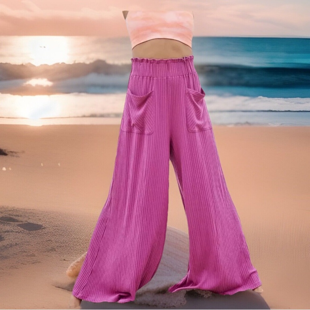 Free People Movement Blissed Out Pant Long Wide Leg Stretch Ribbed Brown - Picture 15 of 17